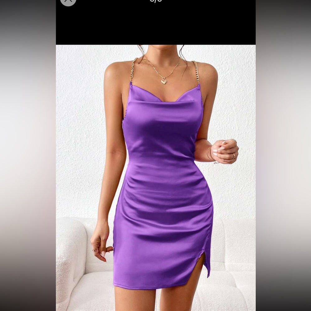 SHEIN Privé Chain 💜Detail Crisscross Backless Draped Collar Satin Cami Dress💜